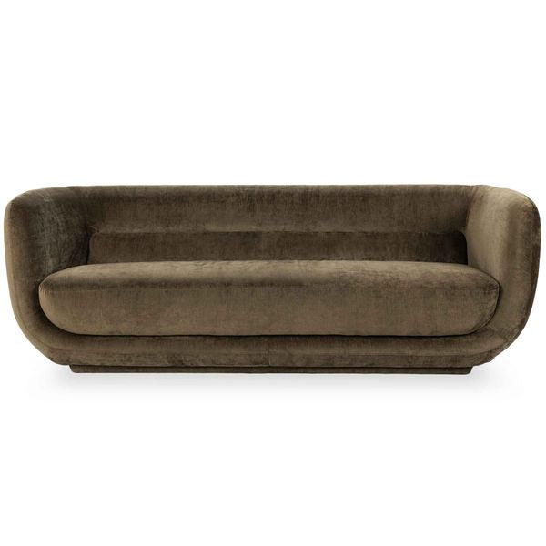 Sofa tapicerowana o nowoczesnym konturze z harmonijnym wykonczeniem w odcieniu brazu